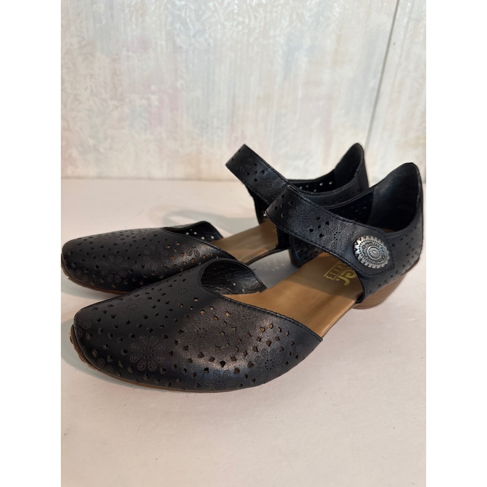 Rieker Antistress Black Leather Perforated Mary Jane Pumps Size 40